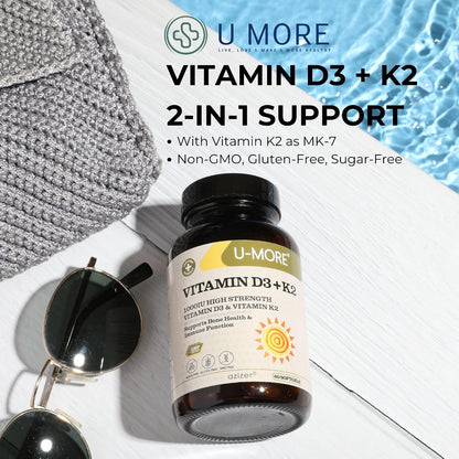 U-MORE - 1000 IU High Strength Vitamin D3 & Vitamin K2 (Menaquinone-7) - Sugar Free - Supports Bone Strength & Immune Function - 60 Soft gel capsules