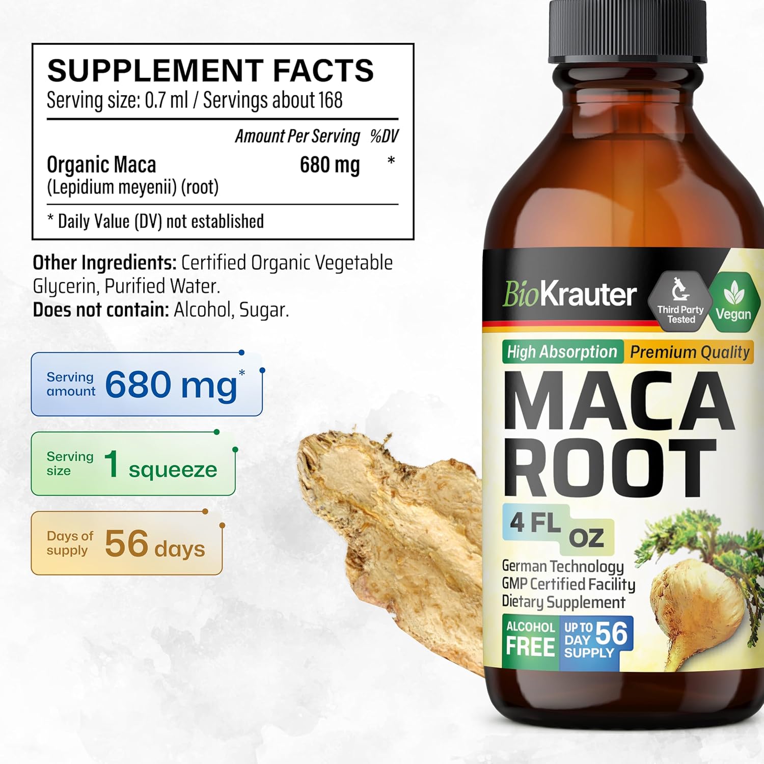 BIO KRAUTER Maca Root Liquid Drops - Vegan, Alcohol-Free, 680 mg, 120 ml (56-Day Supply) - görsel 3