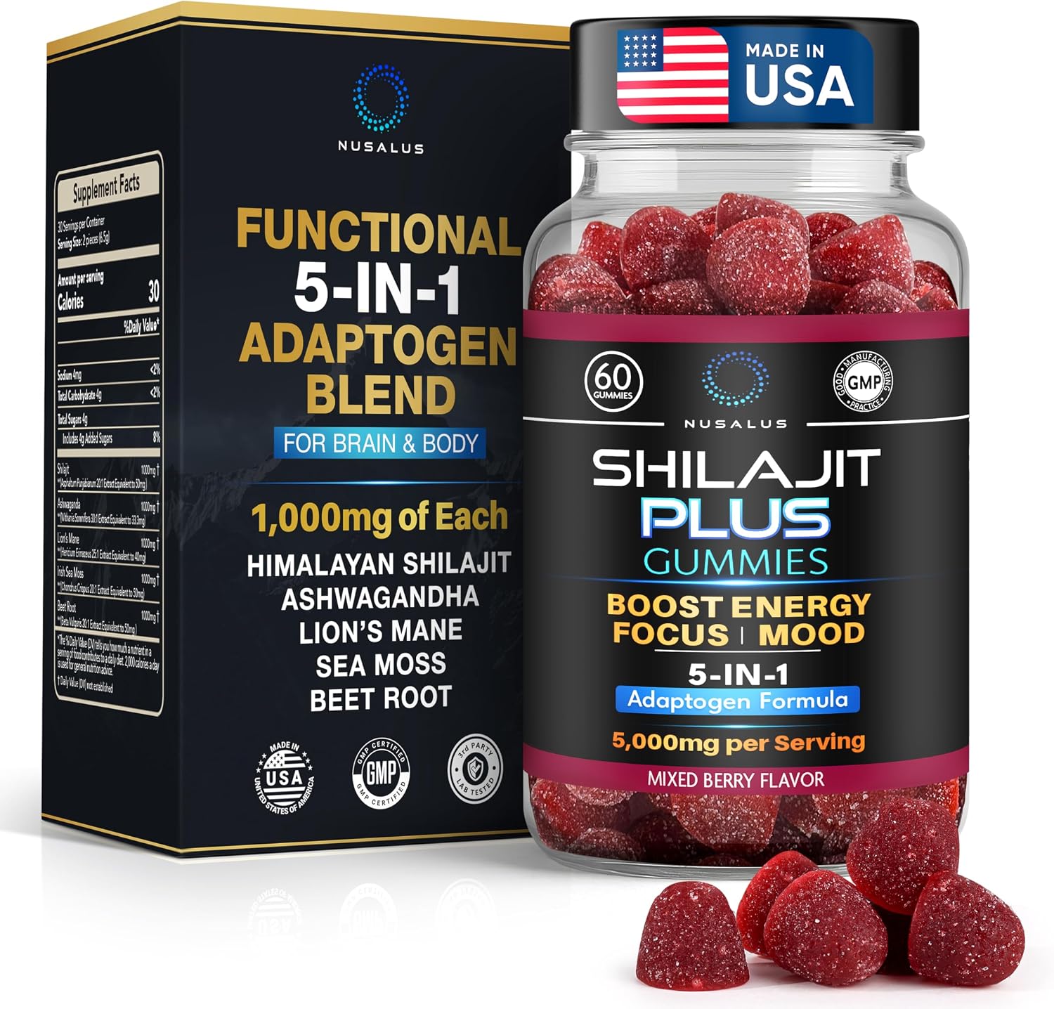 Nusalus Shilajit Plus Gummies – 5-in-1 Adaptogen Energy & Focus Supplement (60 Count) - görsel 1