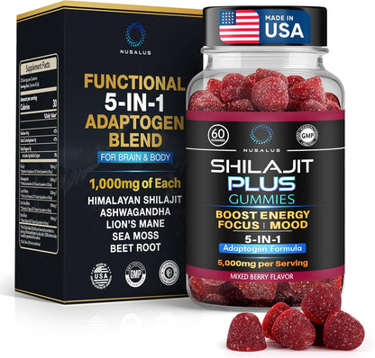 Nusalus Shilajit Plus Gummies – 5-in-1 Adaptogen Energy & Focus Supplement (60 Count)