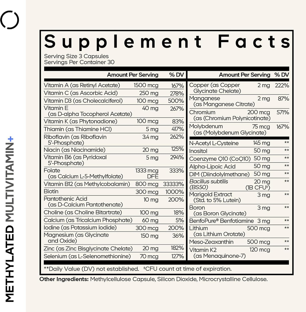 Codeage Methylated Multivitamin Supplement - B-Vitamin, Vitamins A, C, D, E, K2, B12 Methylcobalamin - L-Methylfolate - Magnesium, CoQ10, DIM, Probiotics, Benfotiamine, Lithium, Calcium - 90 Capsules - görsel 2