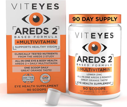 Viteyes AREDS 2 Powder + Multivitamin All-in-One, Macular Protection, Natural Orange Flavour, 90 Scoops