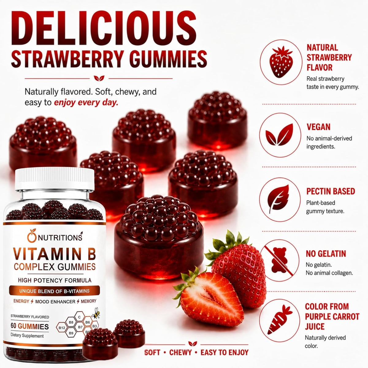 O Nutritions Vitamin B Complex Gummies for Women and Men - B12, Biotin, Folate, Vitamin C - Energy, Mood and Memory Support - Hair, Skin and Nails - Vegan Strawberry Gummies, 60 Count - görsel 5
