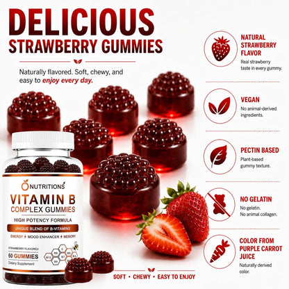 O Nutritions Vitamin B Complex Gummies for Women and Men - B12, Biotin, Folate, Vitamin C - Energy, Mood and Memory Support - Hair, Skin and Nails - Vegan Strawberry Gummies, 60 Count