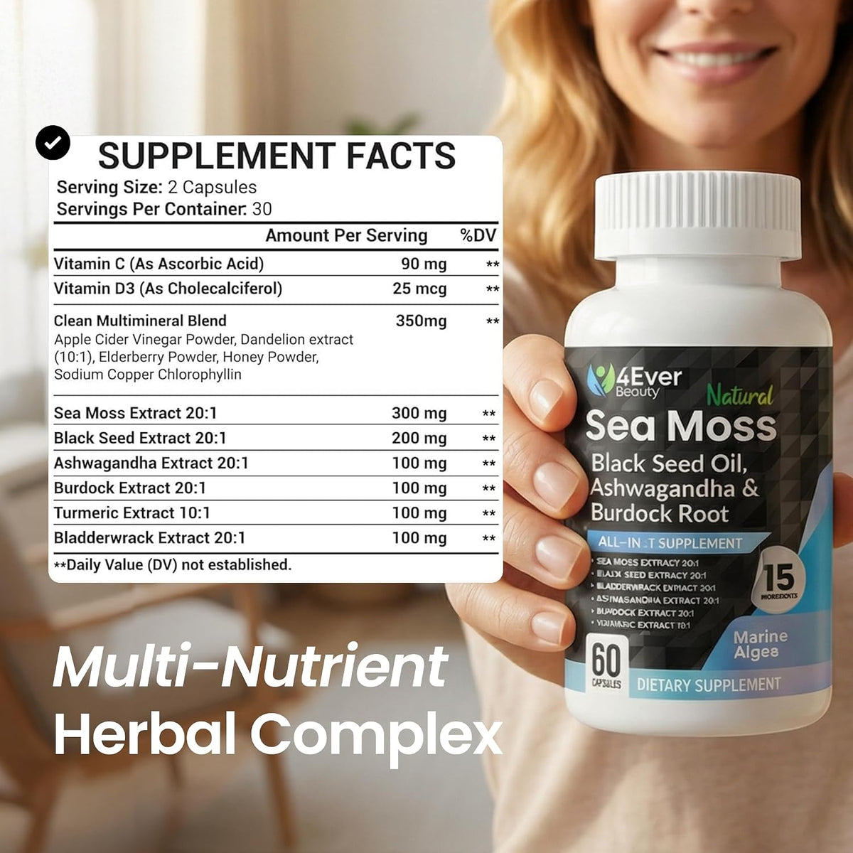 4Ever Beauty Sea Moss Capsules with Black Seed Oil & Ashwagandha – Daily Wellness & Vitality Formula, 60 Capsules - görsel 5