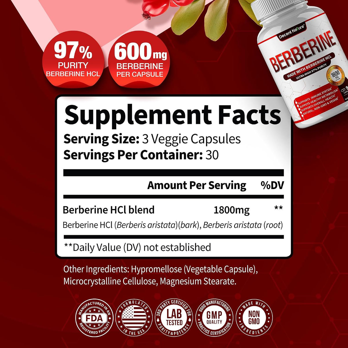 DECENT NATURE Berberine HCl 1800mg - 97% High Purity Supplement, 90 Vegan Capsules - görsel 2