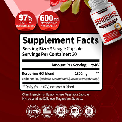 DECENT NATURE Berberine HCl 1800mg - 97% High Purity Supplement, 90 Vegan Capsules