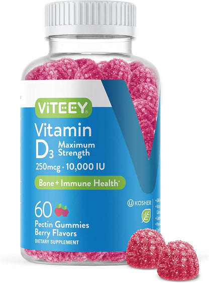 Viteey Vitamin D3 Gummies for Adults & Teens - 10,000 IU (250 µg) - Maximum Strength - Joint, Muscle & Immune Support - Vegetarian, Gelatine Free - 60 Count