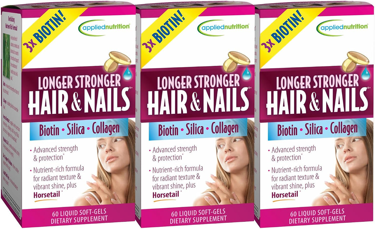 Applied Nutrition Longer Stronger Hair & Nails – 60 Liquid Softgels, Pack of 3 – Biotin, Silica & Collagen – 90 Servings - görsel 1