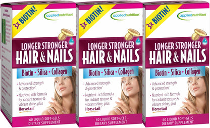 Applied Nutrition Longer Stronger Hair & Nails – 60 Liquid Softgels, Pack of 3 – Biotin, Silica & Collagen – 90 Servings