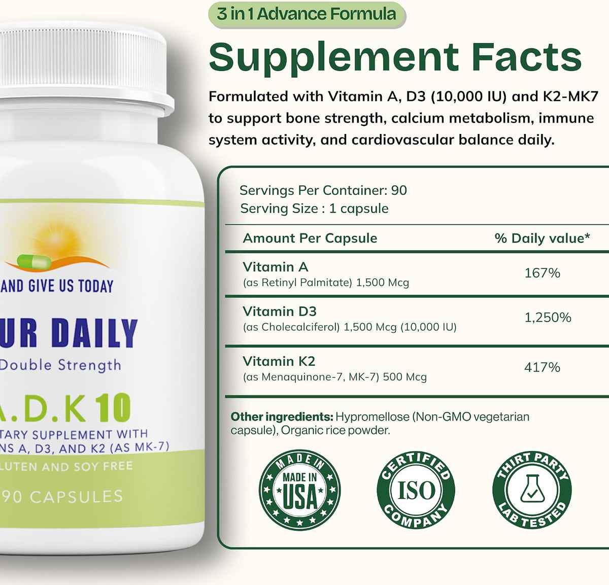 Daily Vites ADK 10 - High Potency Vitamin A, D3 10,000 IU & K2 (MK-7) - Doctor Formulated - Non-GMO, Gluten-Free - 90 Capsules - görsel 3