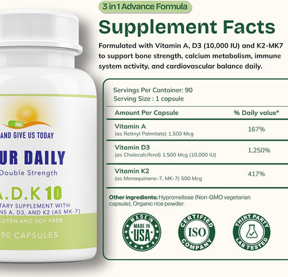 Daily Vites ADK 10 - High Potency Vitamin A, D3 10,000 IU & K2 (MK-7) - Doctor Formulated - Non-GMO, Gluten-Free - 90 Capsules