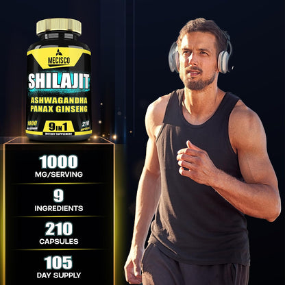 9in1 Shilajit Pure Himalayan Organic with Ashwagandha Root, Panax Ginseng, L-Arginine, Chaga & More – 210 Capsules