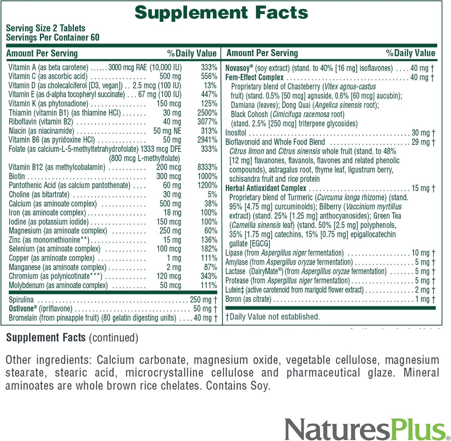 NaturesPlus Source of Life Women - 120 Tablets - Multivitamin & Mineral Supplement with Iron, Calcium, Folate & Lutein - Gluten Free, Vegetarian - görsel 5