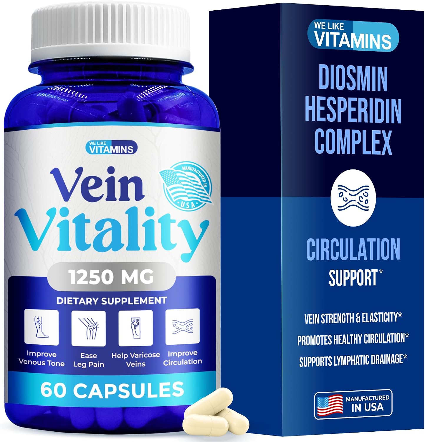 Vein Vitality 1250mg Diosmin Hesperidin Complex - Supports Leg Vein Health and Circulation - 60 Capsules - görsel 1