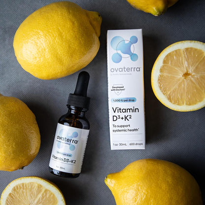 Ovaterra Vitamin D3 & K2 Liquid Drops - 1,000 IU D3 + 25 mcg K2 MK-7, Natural Lemon Flavour, 600 Drops (10-Month Supply)