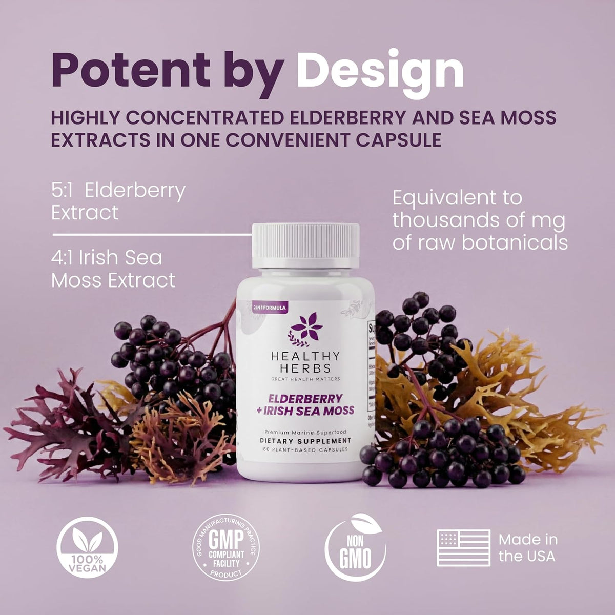 Healthy Herbs Wildcrafted Elderberry Sea Moss Capsules - 2600mg Irish Sea Moss + Elderberry Blend, Vegan, Non-GMO, 60 Capsules - görsel 4