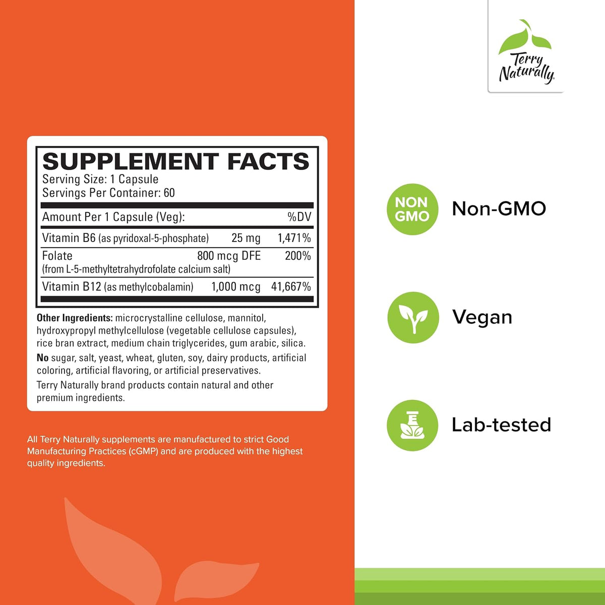 Terry Naturally BioActive Vitamin B - 60 Capsules - Biologically Active Forms of B12, Folate and B6 - Non-GMO, Vegan, Gluten-Free - görsel 2