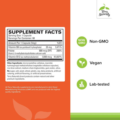 Terry Naturally BioActive Vitamin B - 60 Capsules - Biologically Active Forms of B12, Folate and B6 - Non-GMO, Vegan, Gluten-Free