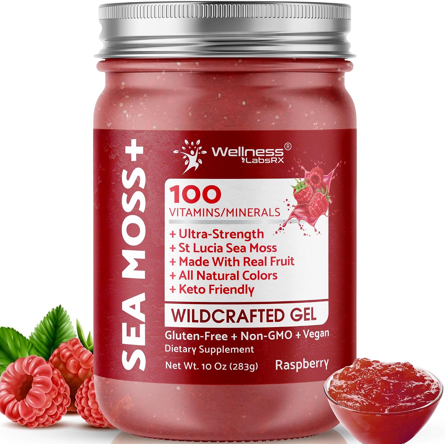 WELLNESS LABSRX Irish Sea Moss Gel - Wildcrafted Superfood, Raspberry Flavour, 283 g - görsel 1