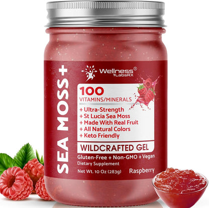 WELLNESS LABSRX Irish Sea Moss Gel - Wildcrafted Superfood, Raspberry Flavour, 283 g