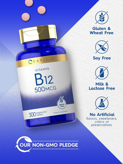 Carlyle Vitamin B-12 500mcg, 300 Tablets - Vegetarian, Non-GMO, Gluten-free