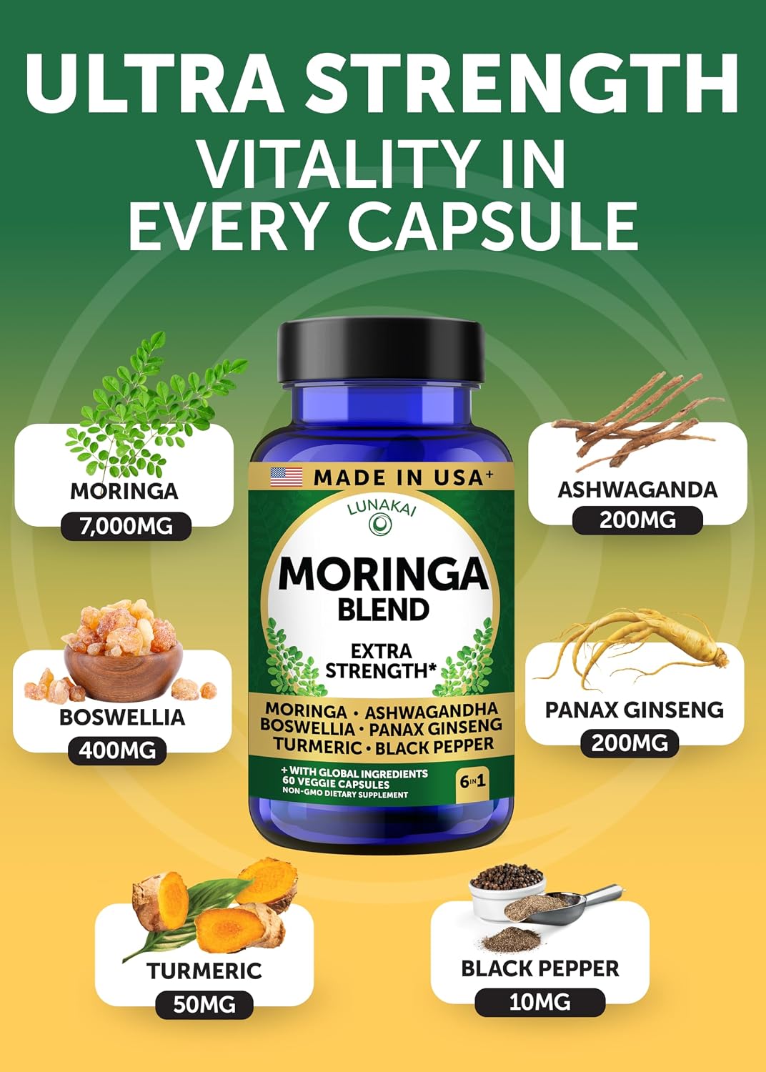 Lunakai USA-made Pure Moringa Capsules – Advanced Moringa Leaf Extract Supplement with Ashwagandha, Boswellia, Ginseng & Turmeric, 60ct - görsel 3