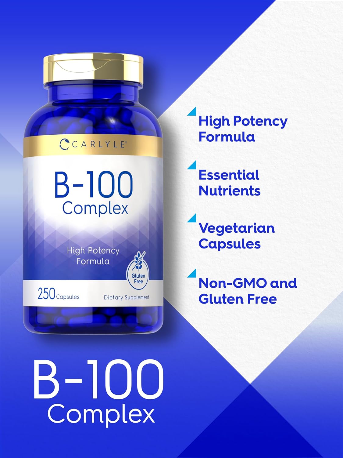 Carlyle B-100 Complex - High Potency B-Vitamin Supplement with B1, B2, B3, B6, B12, Biotin, Folic Acid & Inositol - 250 Vegetarian Capsules - görsel 4