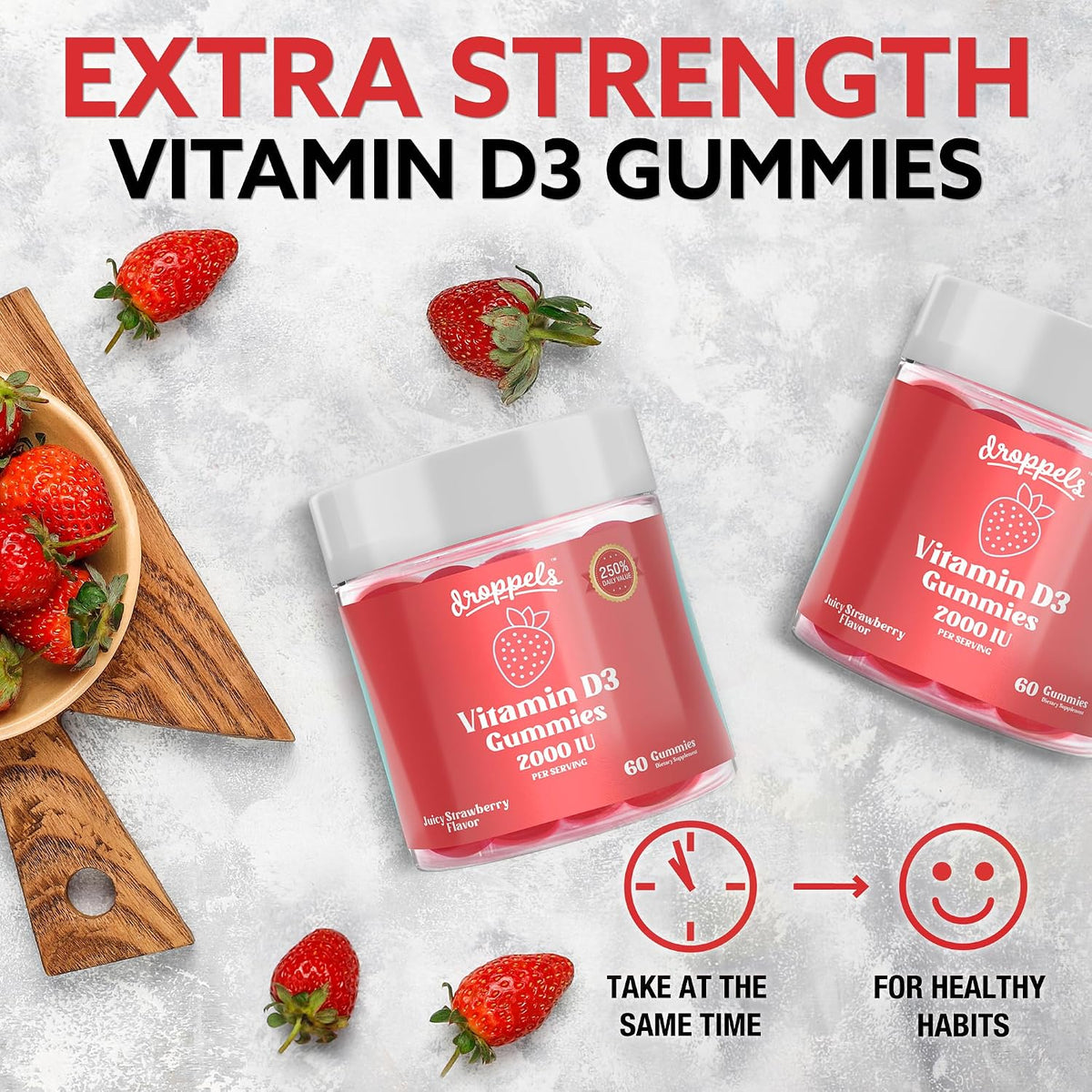 Vitamin D3 Gummies 2000 IU – Extra Strength, Vegetarian, Pectin Plant-Based Vitamin D Gummies for Bone Health Support – Juicy Strawberry Flavour, 60 Count (1 Month's Supply) - görsel 3