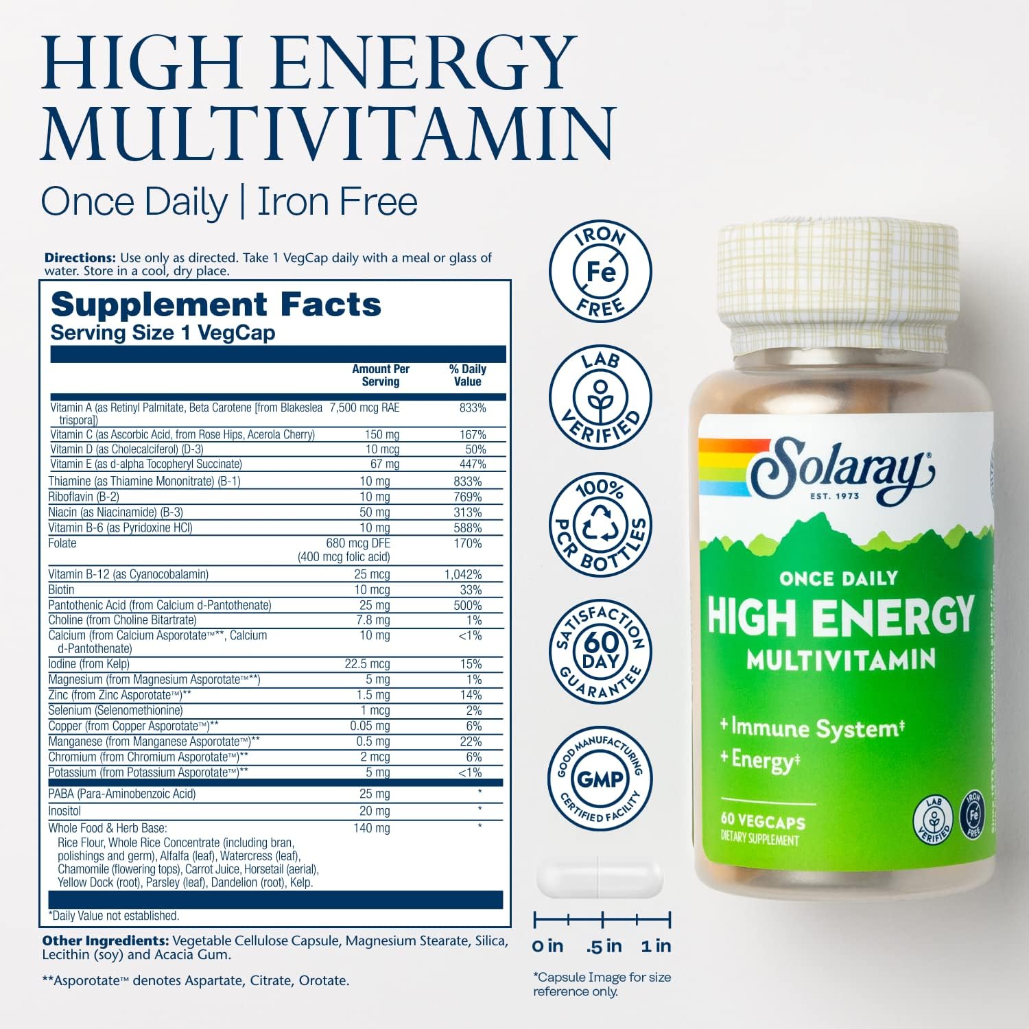 SOLARAY Once Daily High Energy Multivitamin - No Iron, Whole Food & Herb Base, 60 VegCaps - görsel 2