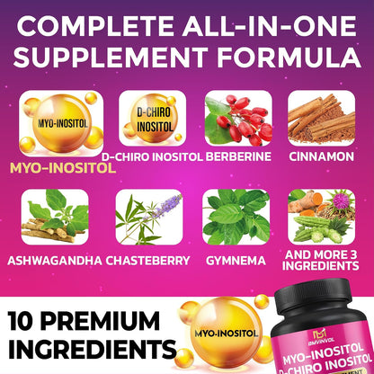 BMVINVOL Inositol Supplement - Myo-Inositol and D-Chiro Inositol (40:1 Ratio) with Berberine, Cinnamon, Ashwagandha, and More - 30 Capsules