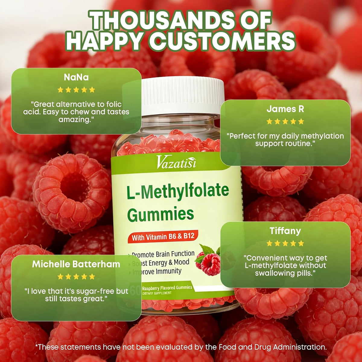 Vazatisi L-Methylfolate 15 mg Gummies with Methyl B12, Folate Supplement for Mood and Brain Health, Raspberry Flavour, 60 Count - görsel 6