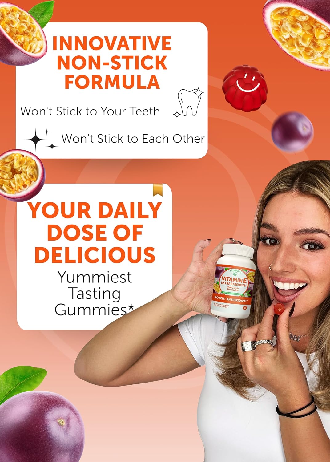 Lunakai Vitamin E 400 IU Gummies with Vitamin C – Natural d-Alpha-Tocopherol for Immune, Eye & Skin Support (60 Gummies) - görsel 3