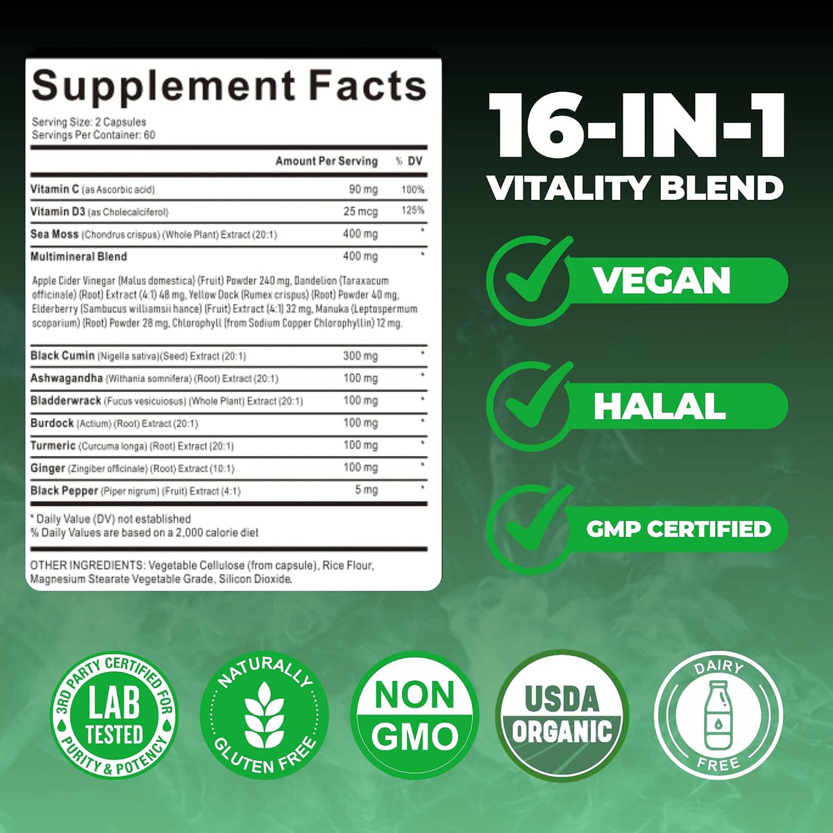 Organic Irish Sea Moss Capsules 120 Count – 16 in 1 Sea Moss Supplement with Black Seed Oil, Ashwagandha, Turmeric & Ginger, Bladderwrack & Burdock Root, Vitamin D3 – Organic, Vegan, Halal, Non-GMO - görsel 3