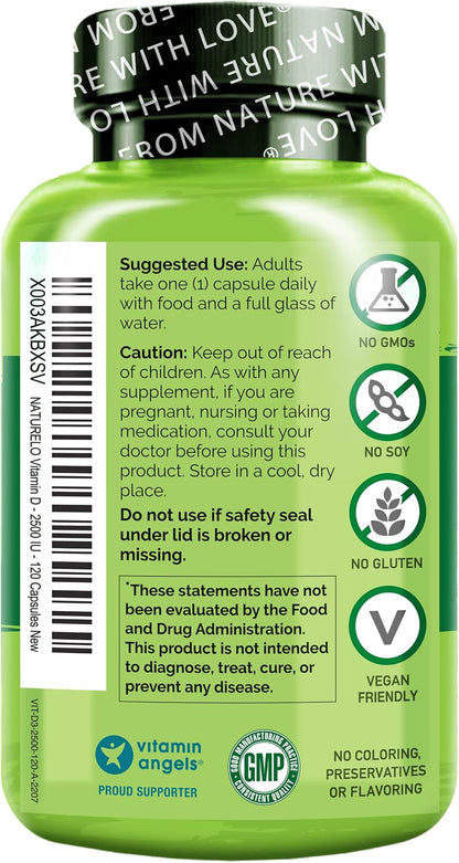 NATURELO Vitamin D3 2500 IU - Plant Based from Lichen - Vegan Supplement for Immune & Bone Health - 120 Capsules