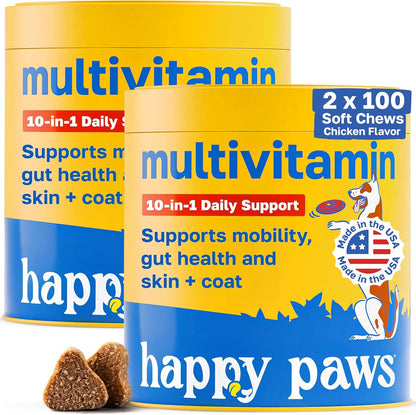 Happy Paws 10-in-1 Dog Multivitamin - Daily Nutritional and Immune Support for All Breeds (100 Soft Chews)