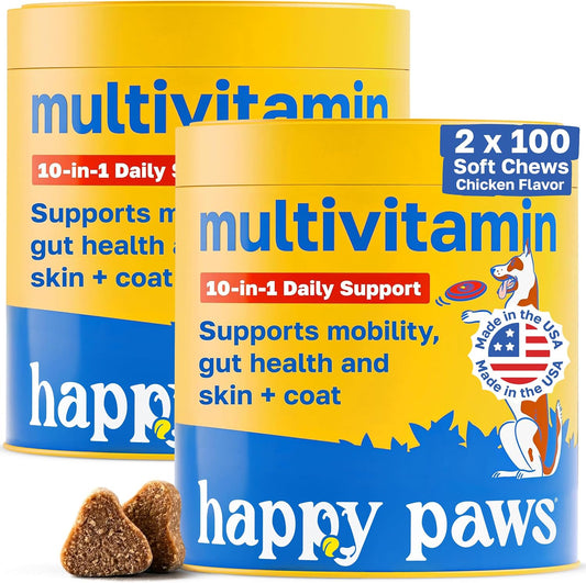 Happy Paws 10-in-1 Dog Multivitamin - Daily Nutritional and Immune Support for All Breeds (100 Soft Chews)