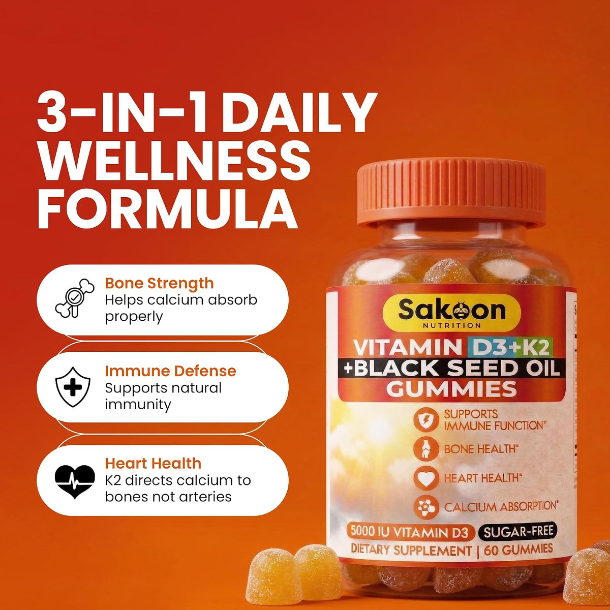 Sakoon Vitamin D3 K2 Gummies 5000 IU with Black Seed Oil - Bone Strength, Calcium Absorption & Immune Support - Non-GMO, Gluten-free - 60 Gummies - görsel 3