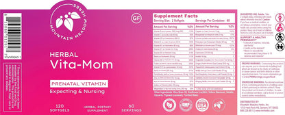 Mountain Meadow Herbal Vita-MOM Prenatal Vitamins – Herbal Food Supplement with 5-MTHF Folate, Iron & Organic Herbs – 120 Softgels (2-Month Supply)