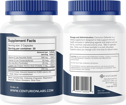 Centurion Labs Defender Immunity Boost: 5-in-1 Comprehensive Blend of Quercetin, Zinc, Vitamin D, Vitamin C and Copper, 60 Capsules