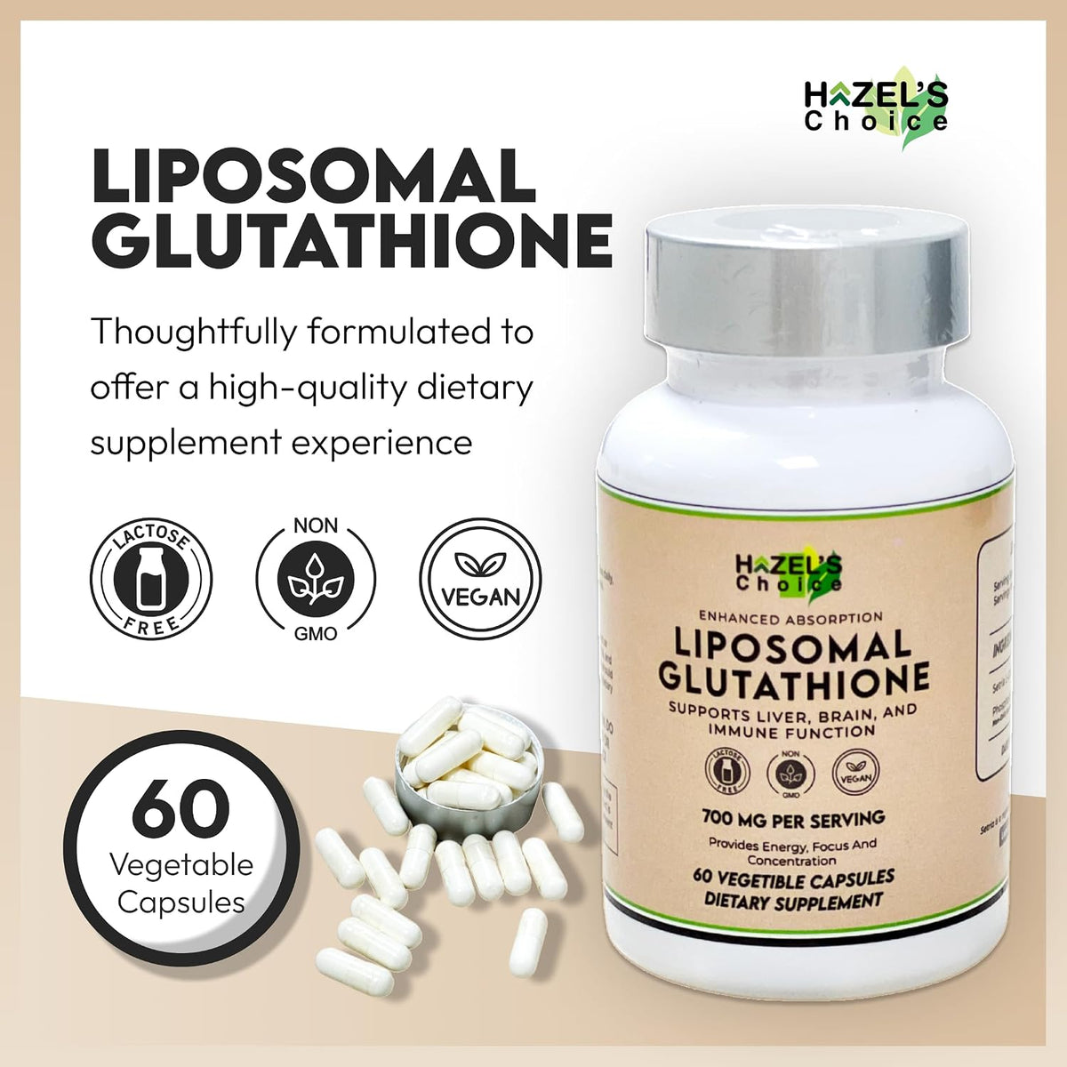 HAZEL'S Choice Liposomal Glutathione 700mg | 60 Vegetable Capsules | Vegan, Non-GMO, Lactose-Free | Plant-Based Formulation - görsel 2