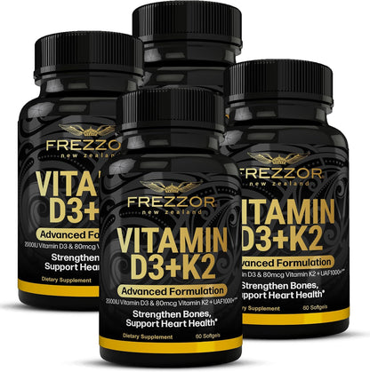 FREZZOR Vitamin D3 and K2 – High Strength D3 2000IU + K2 (MK-7) 80mcg for Bone and Heart Health, 240 Softgel Capsules