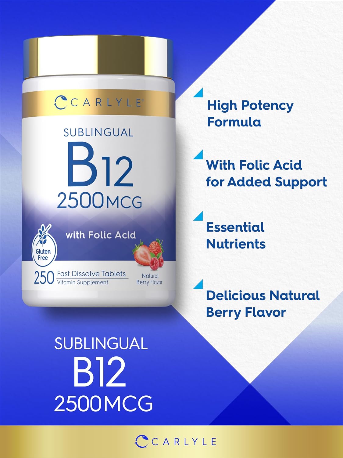 Carlyle Vitamin B12 Sublingual 2500mcg - 250 Fast-Dissolve Tablets - Cyanocobalamin with Folic Acid, Natural Berry Flavour - görsel 4