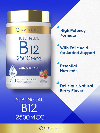Carlyle Vitamin B12 Sublingual 2500mcg - 250 Fast-Dissolve Tablets - Cyanocobalamin with Folic Acid, Natural Berry Flavour