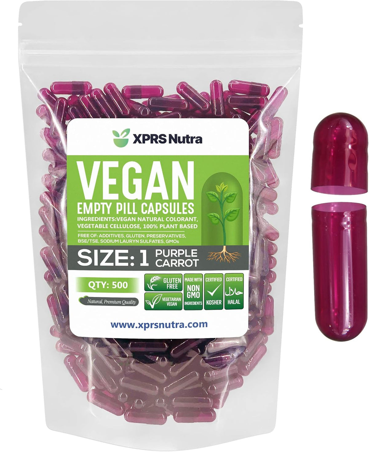 XPRS Nutra Size 1 Empty Capsules - 500 Count - Vegan Vegetable Capsules (Purple Carrot) - görsel 1