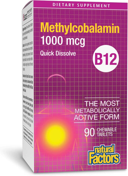 Natural Factors Vitamin B12 Methylcobalamin 1000 mcg Chewable Tablets – Support for Energy Metabolism, Immunity, and Nervous System Health – 90 Count