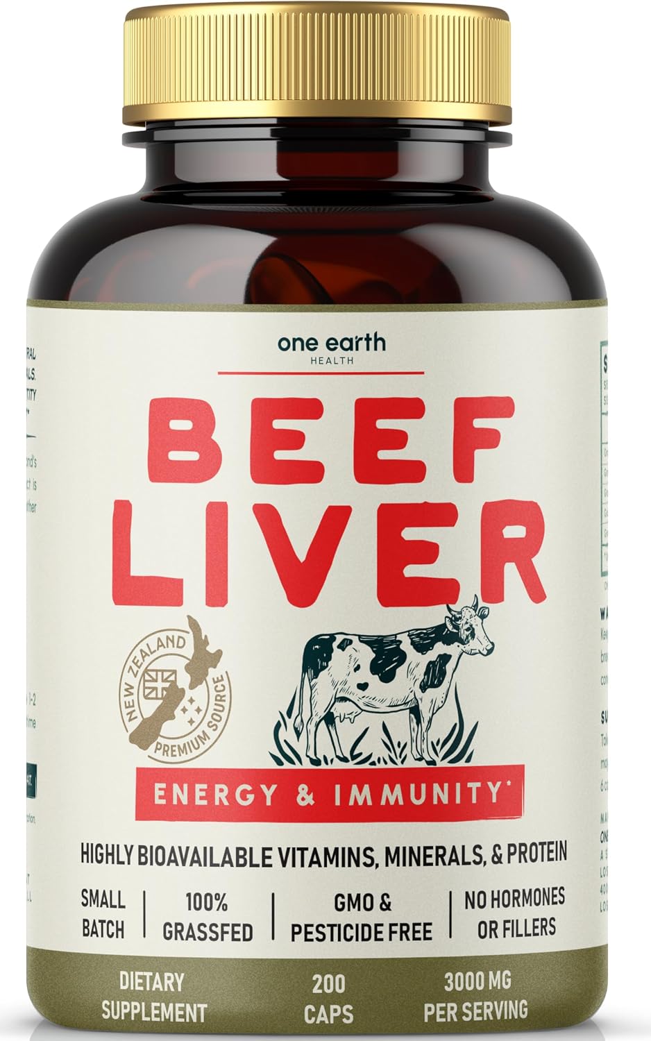 One Earth Health Grass Fed Beef Liver Capsules – New Zealand Desiccated, 3,000mg (200 Capsules) - görsel 1