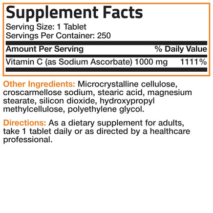 Bronson Sodium Ascorbate Non-Acidic Vitamin C 1000 mg Tablets, 250 Count