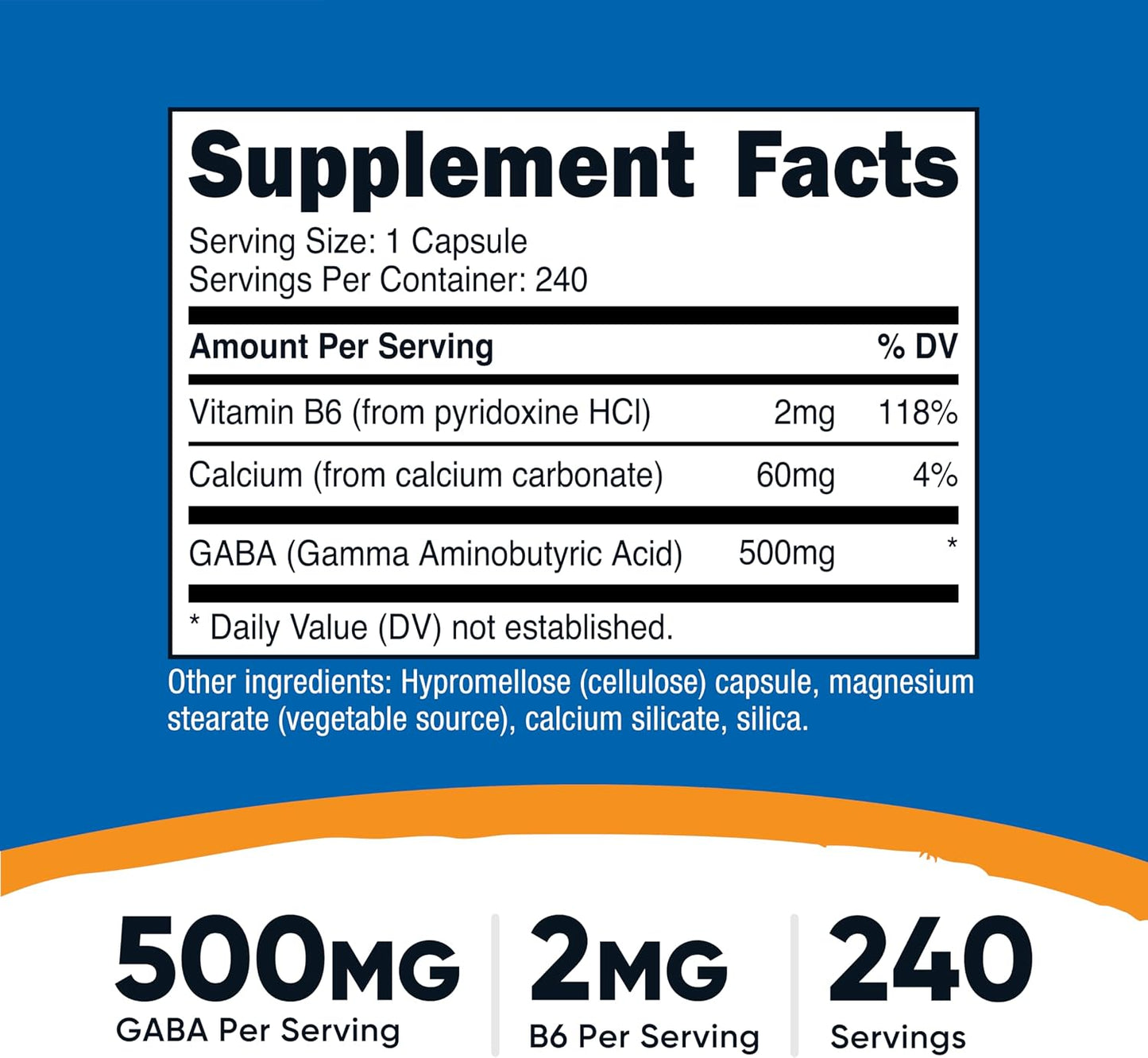 Nutricost GABA (Gamma-Aminobutyric Acid) + Vitamin B6, 500 mg per Serving, 240 Capsules - görsel 2