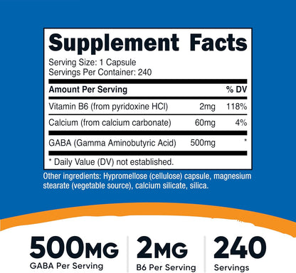Nutricost GABA (Gamma-Aminobutyric Acid) + Vitamin B6, 500 mg per Serving, 240 Capsules